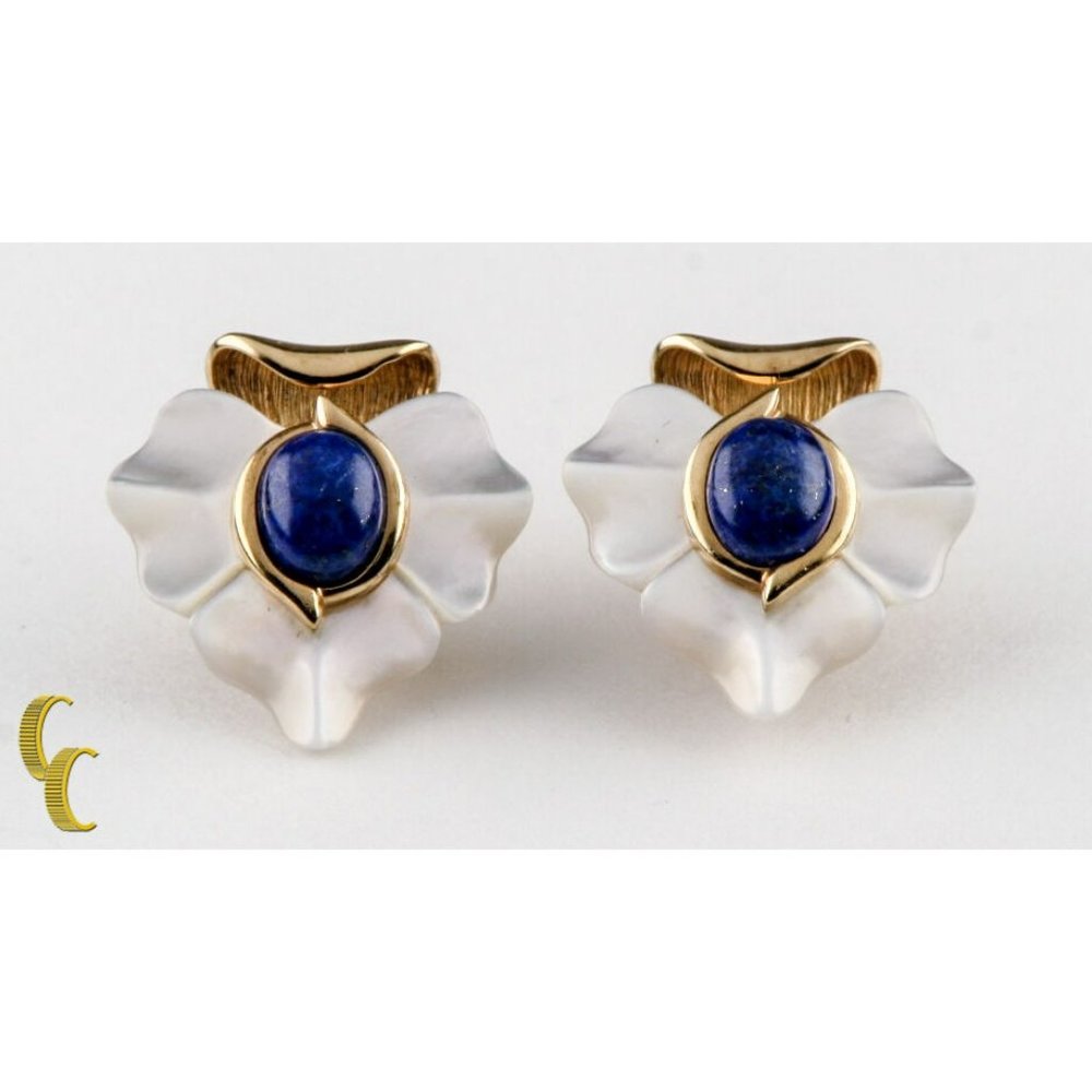 Sterling Silver Gold Plated MOP Leaf Design w Lapis Lazuli Stone Earrings
